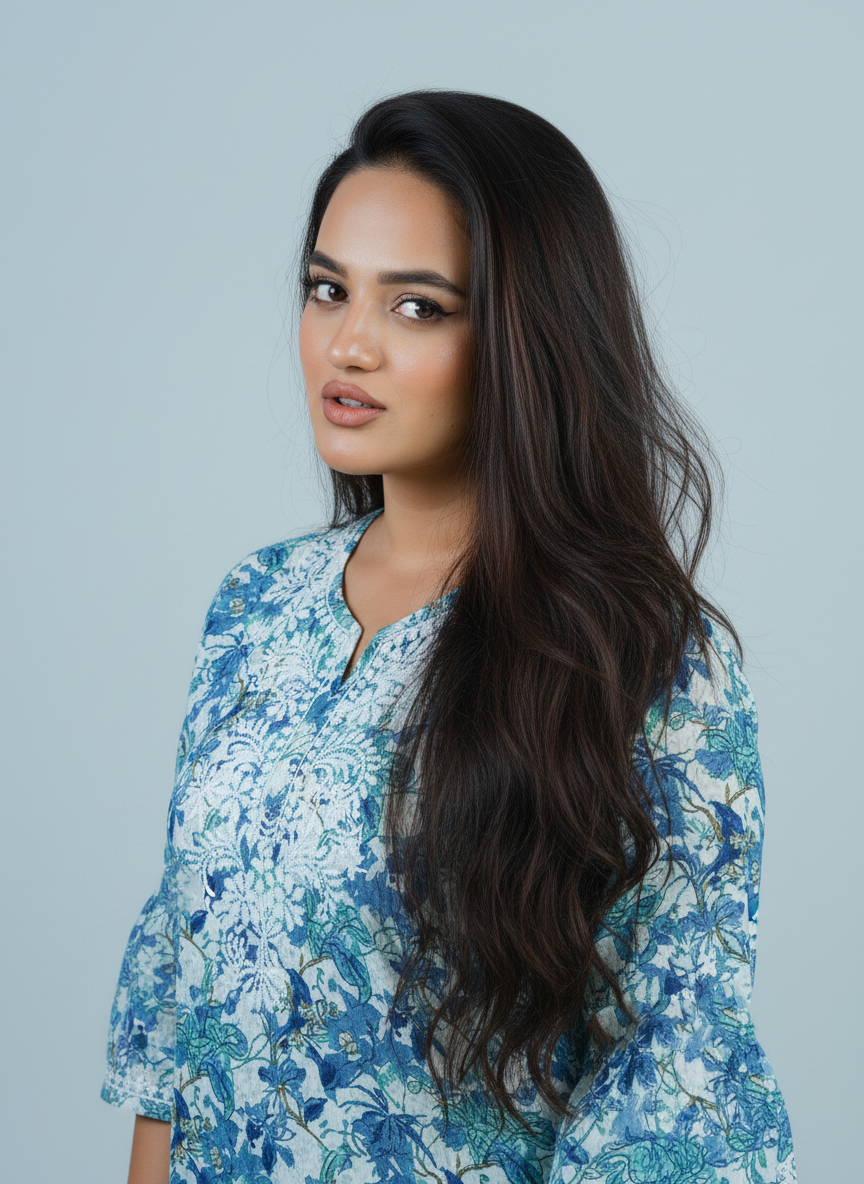 Blue Mulmul Chikankari kurti - Closeup