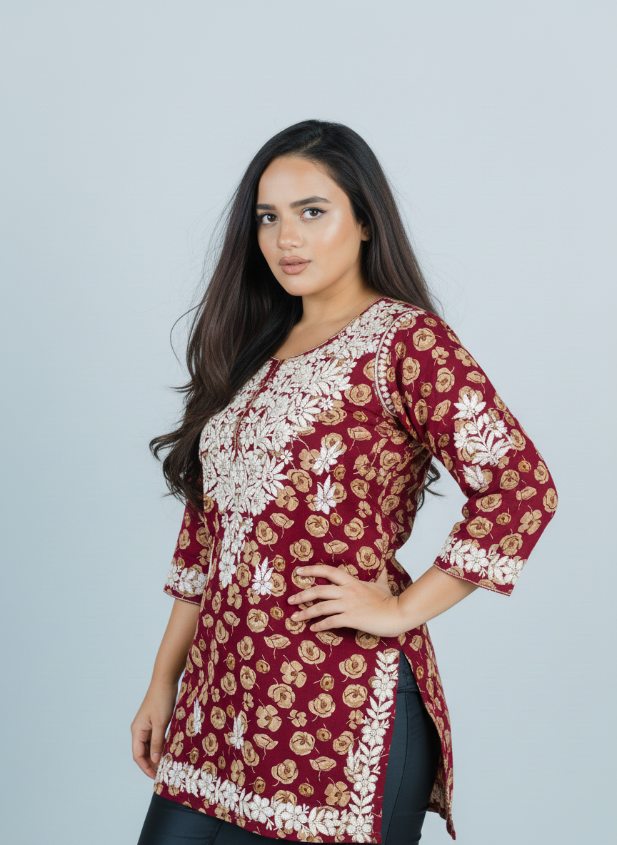 Pinkish Red Mulmul Short Top