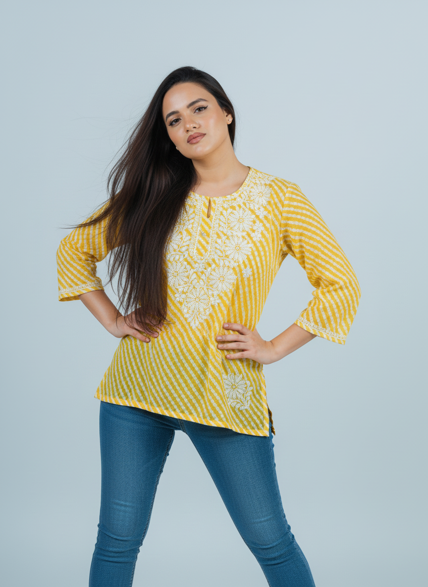 Model wearing a Yellow Chikankari Kurti made of Mulmul fabric, featuring hand-embroidered designs and a stylish fit.