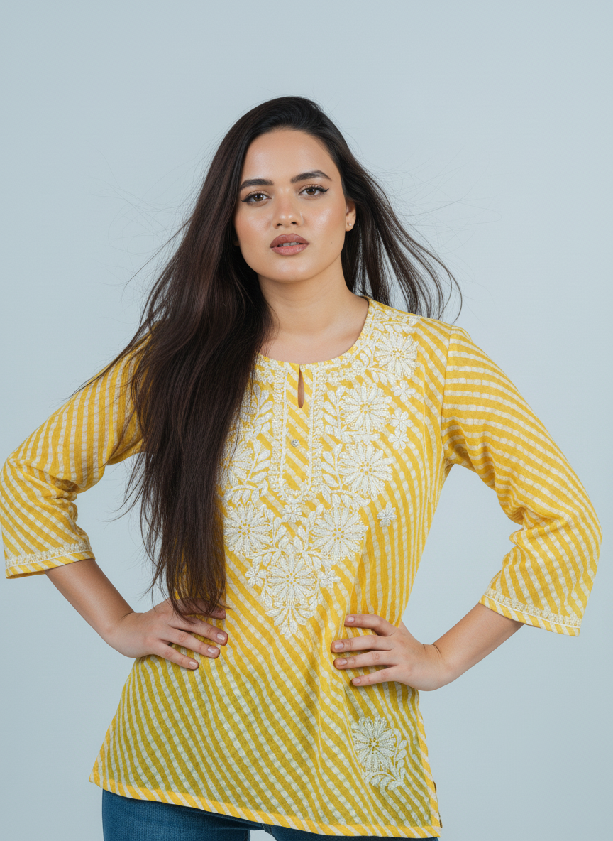 Woman wearing a Yellow Chikankari Kurti with intricate hand-embroidery on soft fabric.