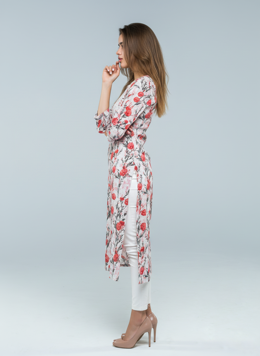 Mulmul Chikankari Soft pastel base with floral print Kurti