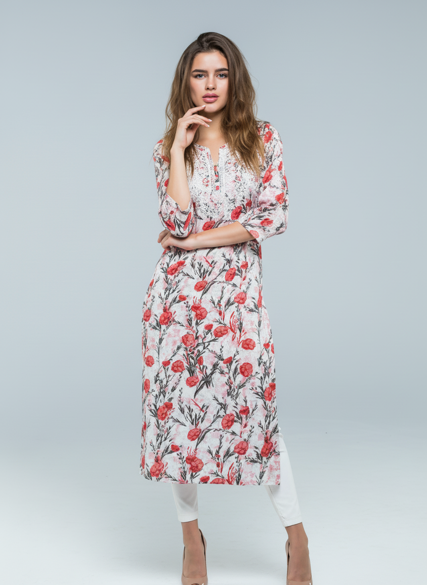 Mulmul Chikankari Soft pastel base with floral print Kurti