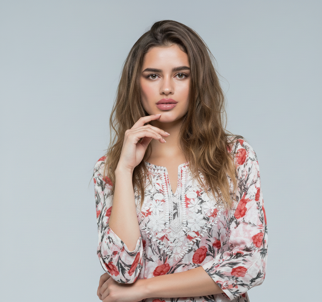 Mulmul Chikankari Soft pastel base with floral print Kurti