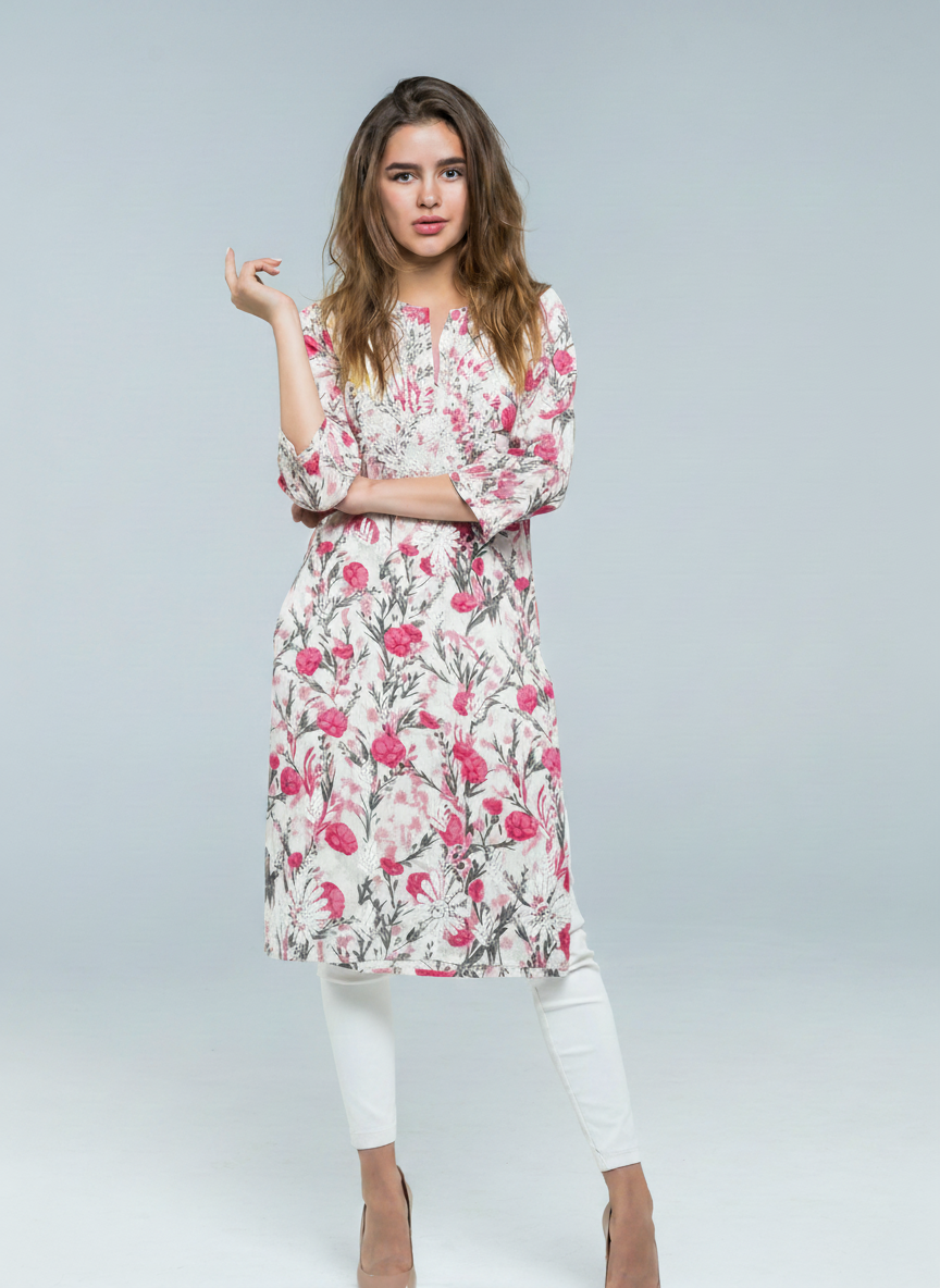 Mulmul Chikankari Soft pastel base with floral print Kurti