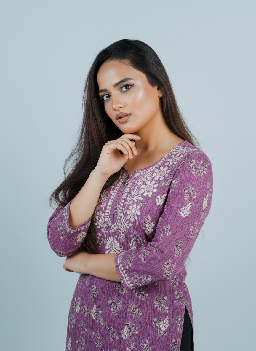 Mulmul Chikankari Mauve Pink Printed Kurti