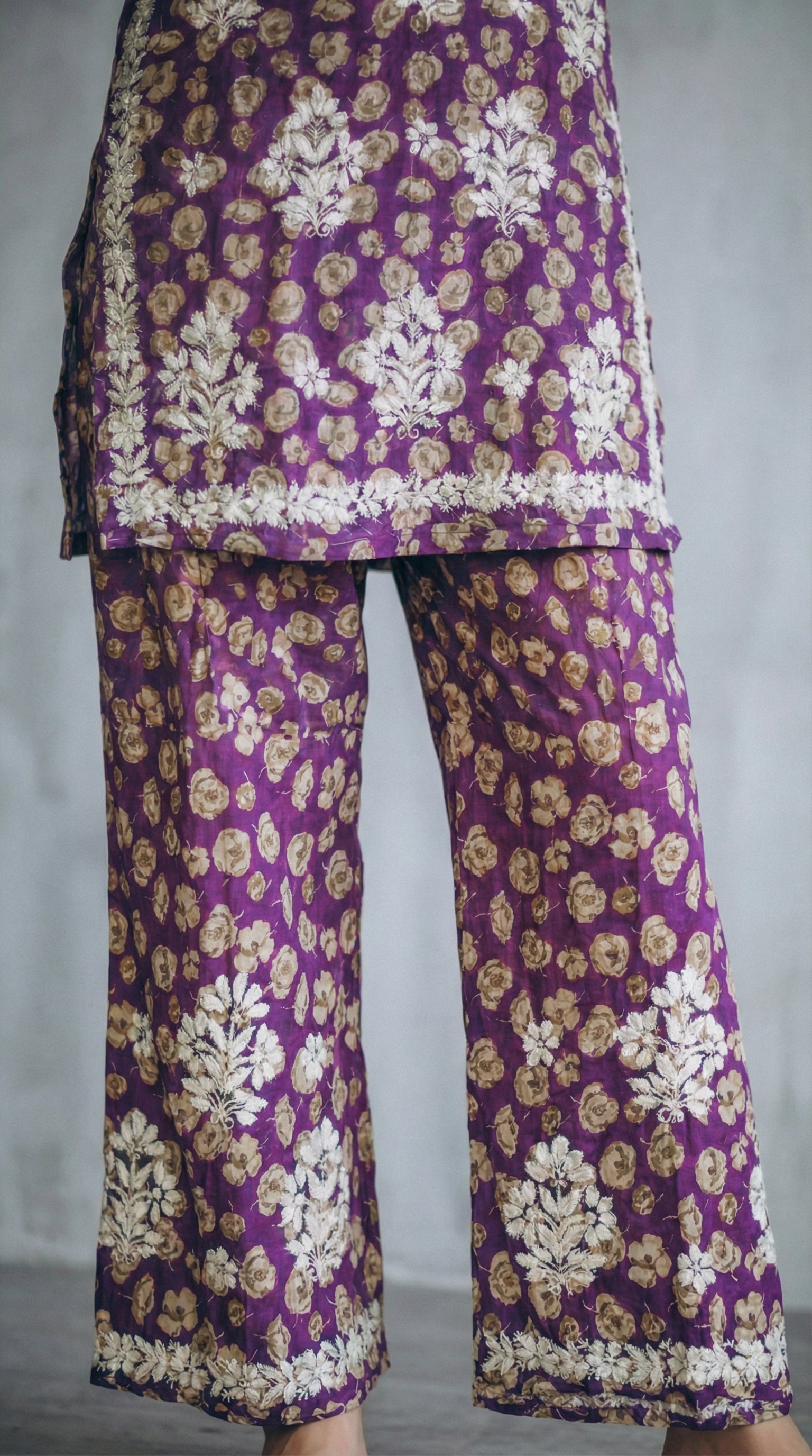 Purple Floral Print Mulmul Plazo Set