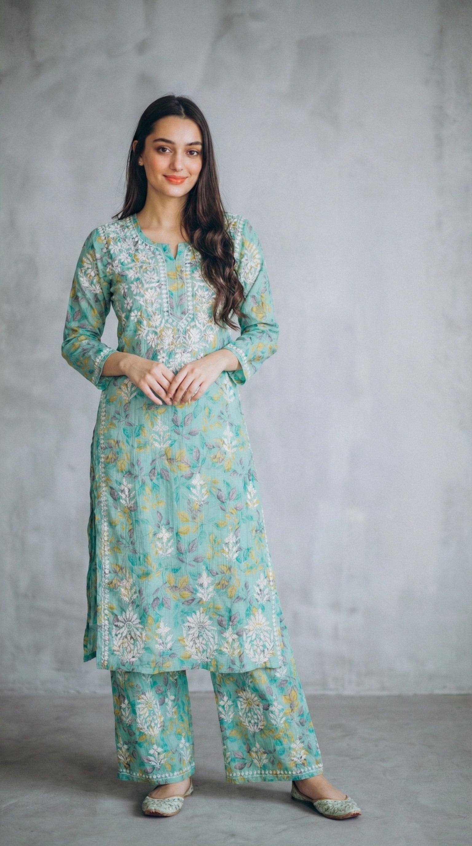 Sea Green Floral Print Mulmul Plazo Set