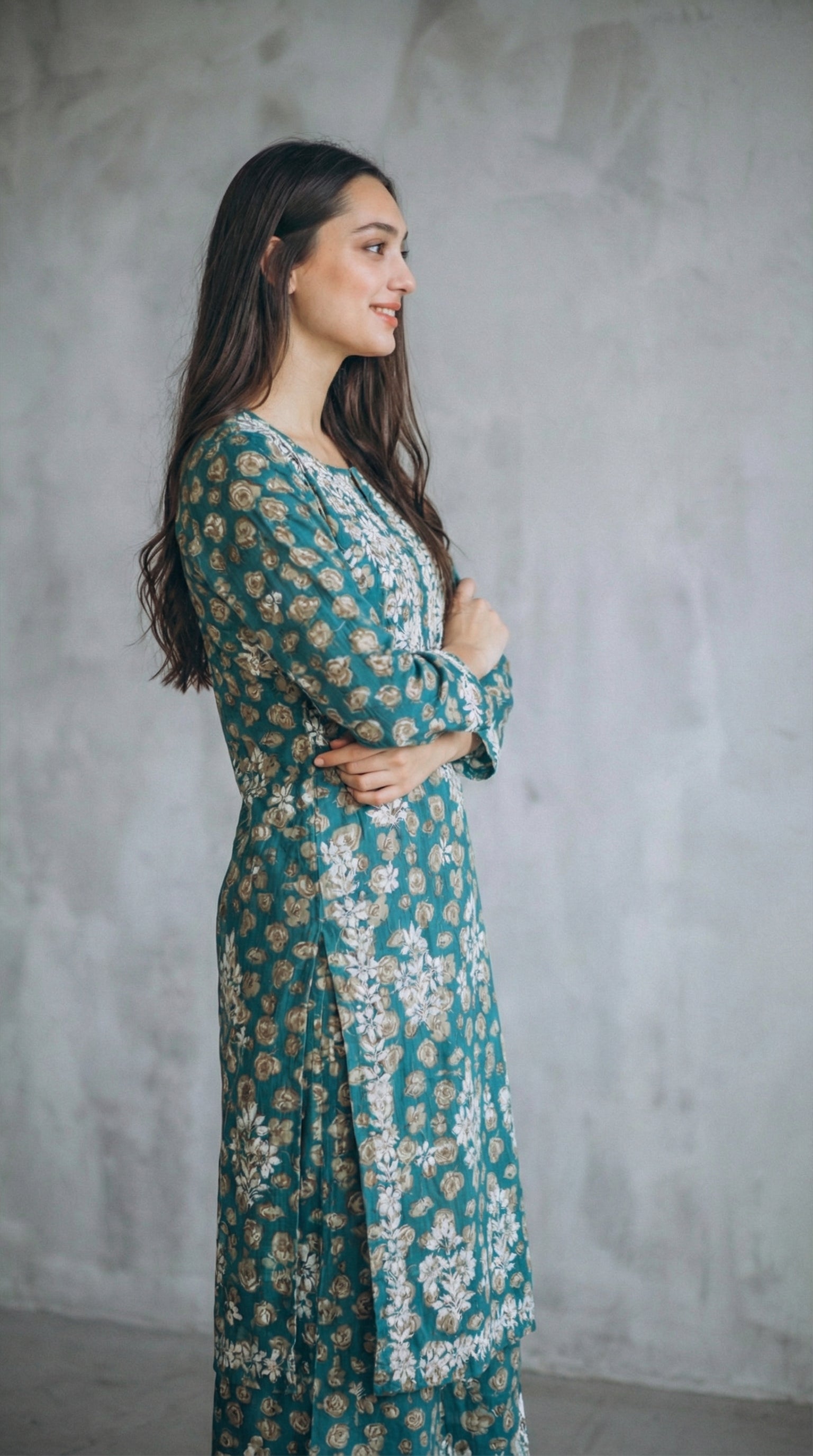 Green Floral Print Mulmul Plazo Set