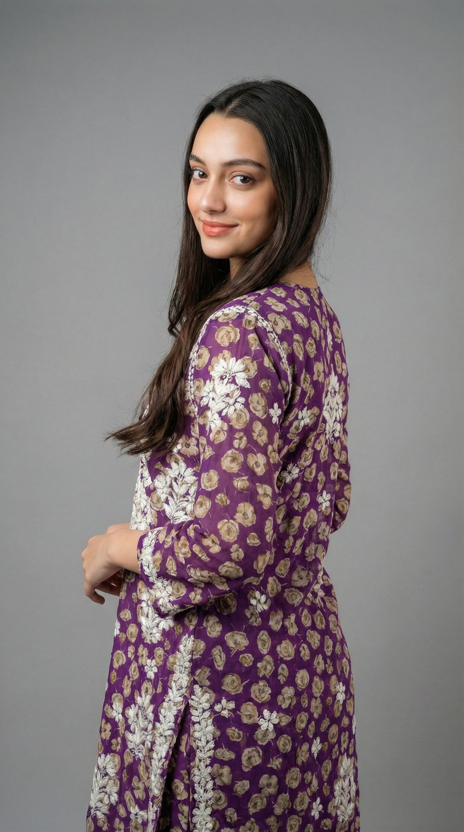 Purple Floral Print Mulmul Plazo Set