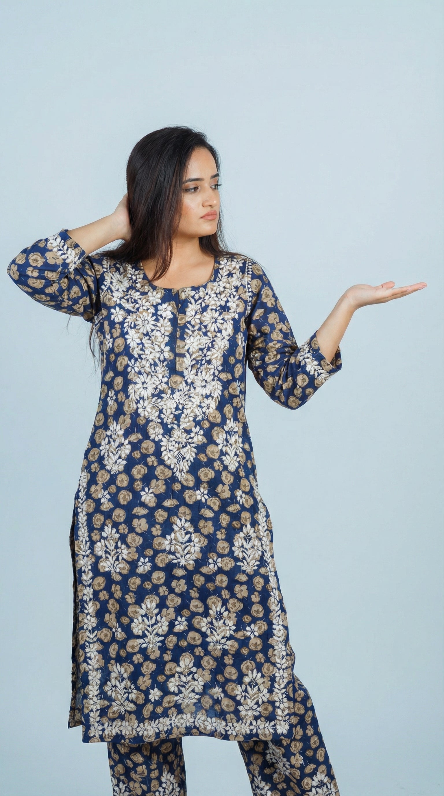 Blue Floral Print Mulmul Plazo Set