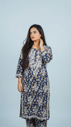 Blue Floral Print Mulmul Plazo Set