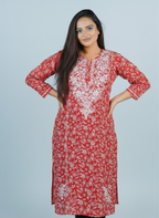 Mulmul Chikankari Peach Red Printed Kurti