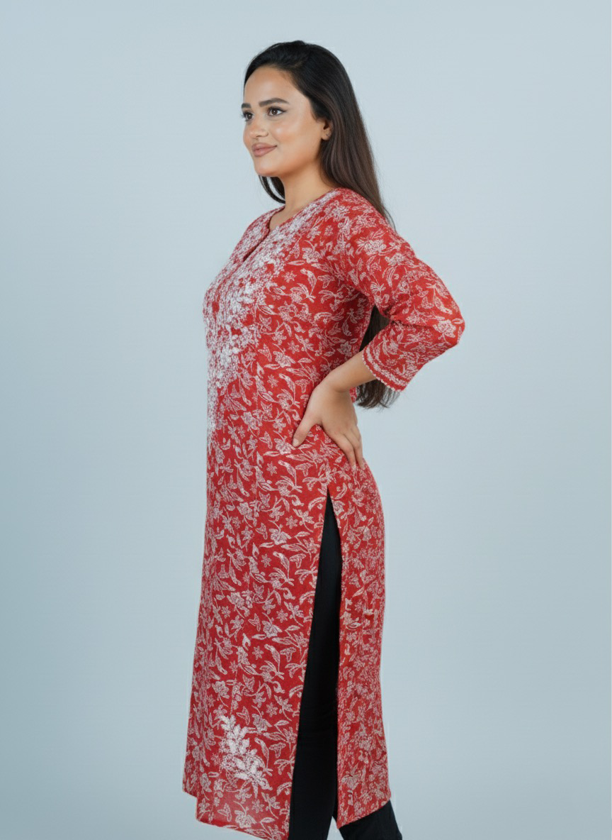 Mulmul Chikankari Peach Red Printed Kurti