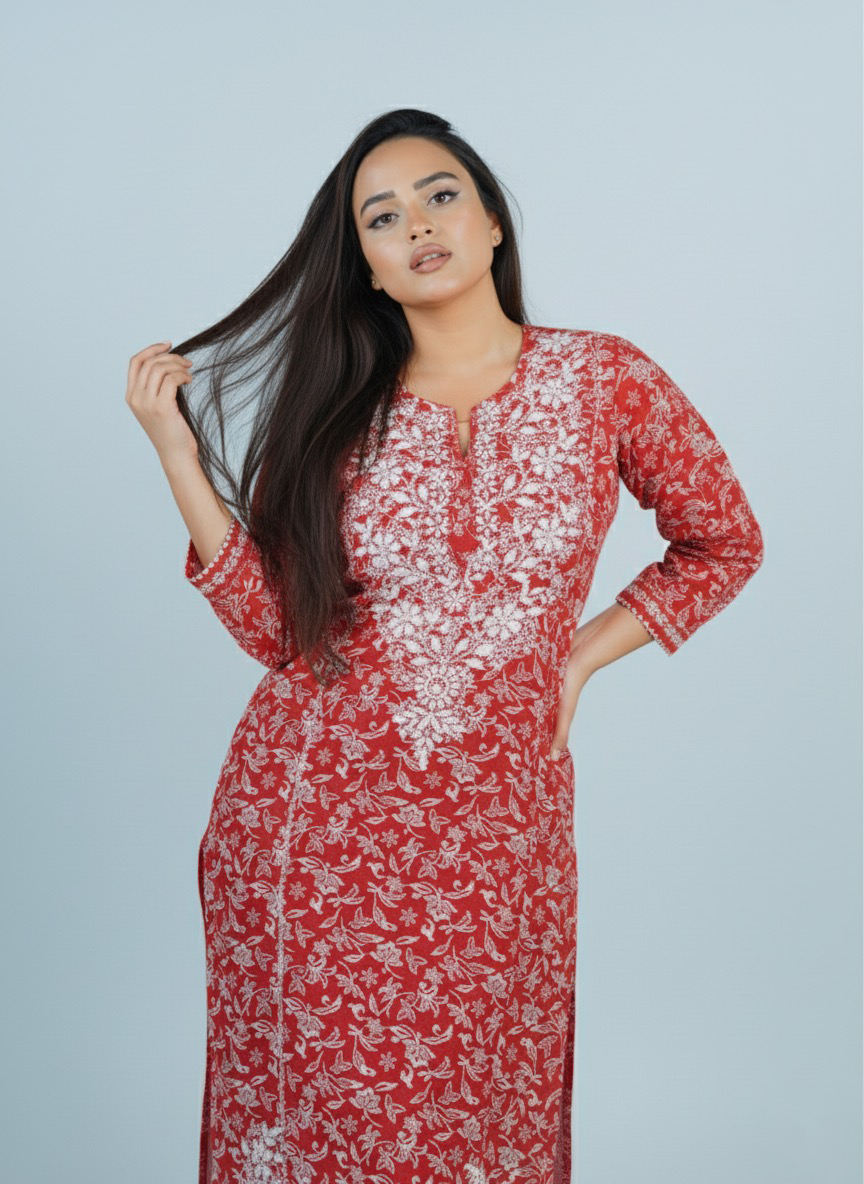 Mulmul Chikankari Peach Red Printed Kurti