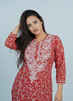 Mulmul Chikankari Peach Red Printed Kurti