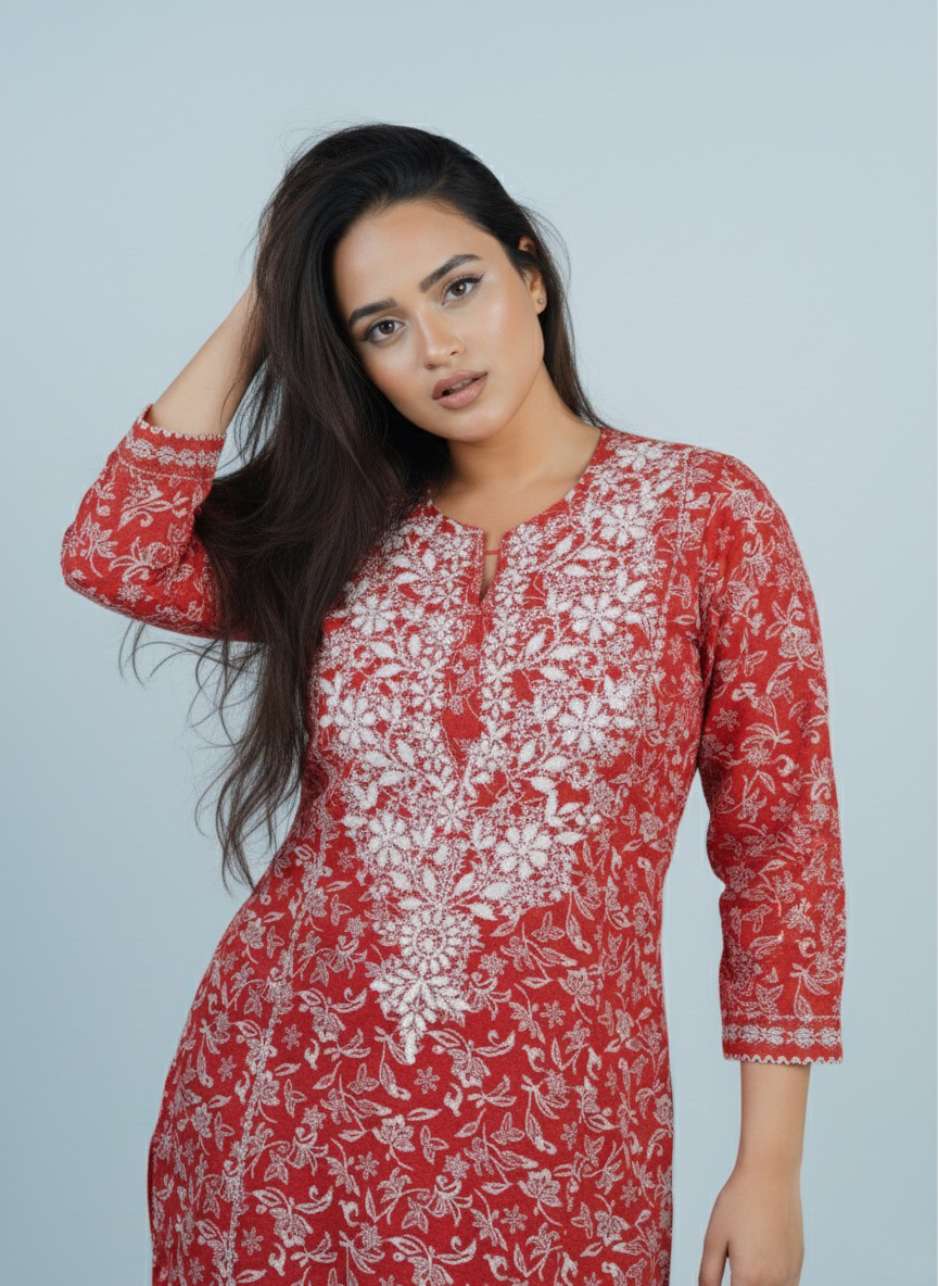 Mulmul Chikankari Peach Red Printed Kurti