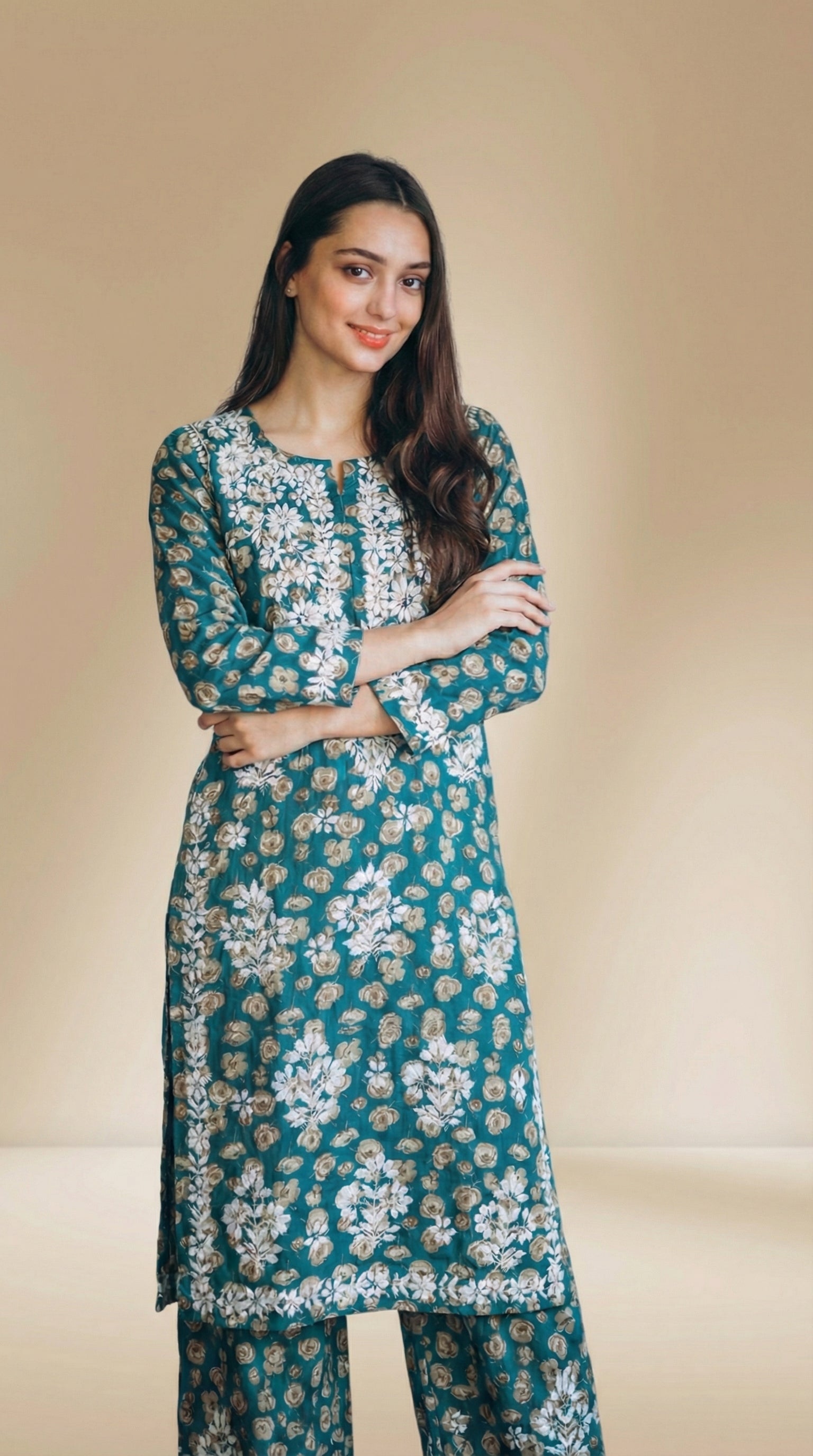 Green Floral Print Mulmul Plazo Set