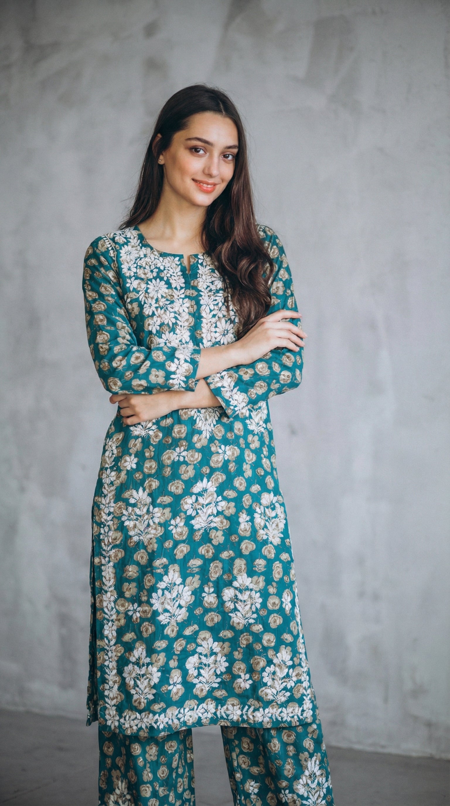 Green Floral Print Mulmul Plazo Set