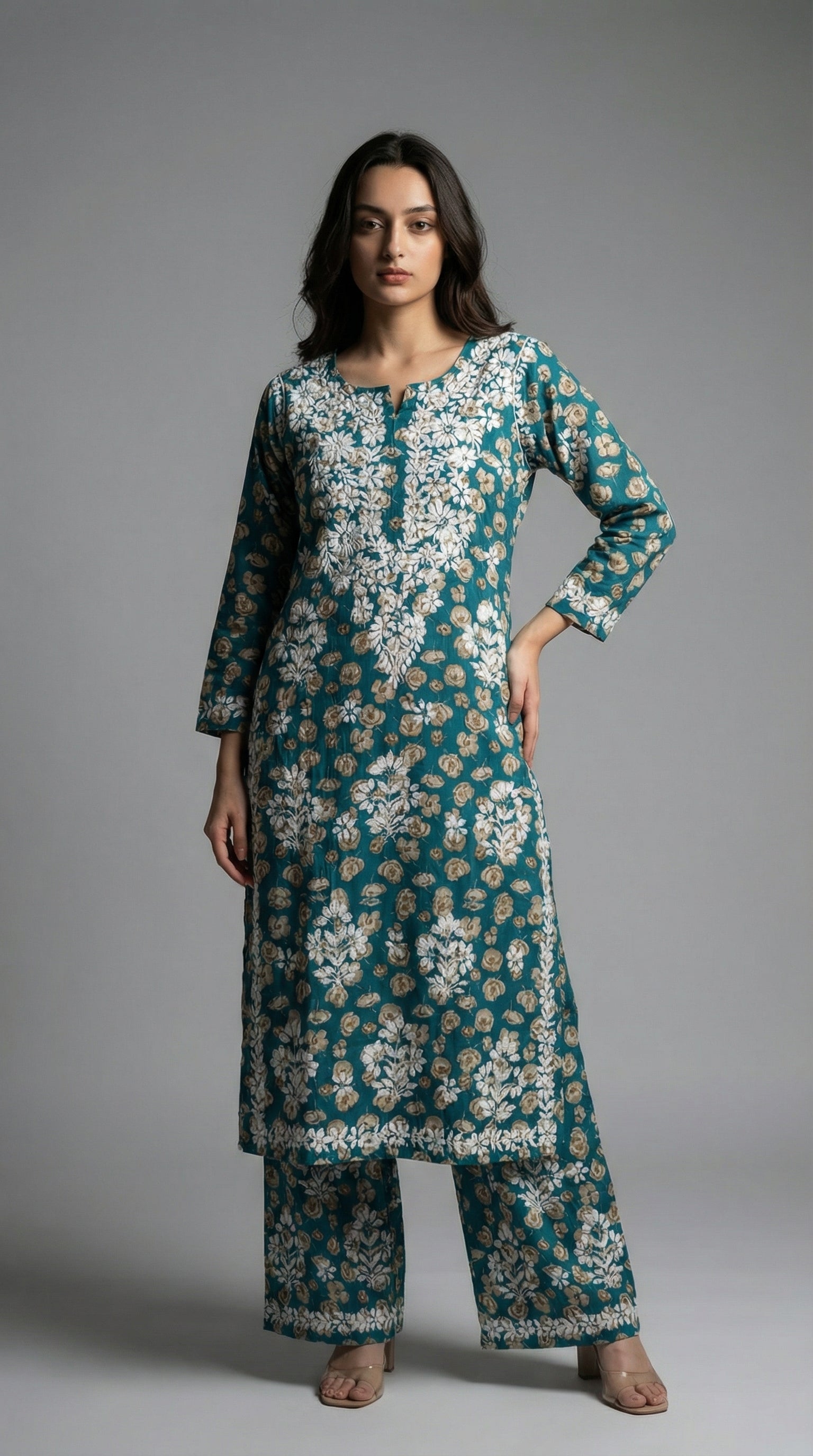 Green Floral Print Mulmul Plazo Set