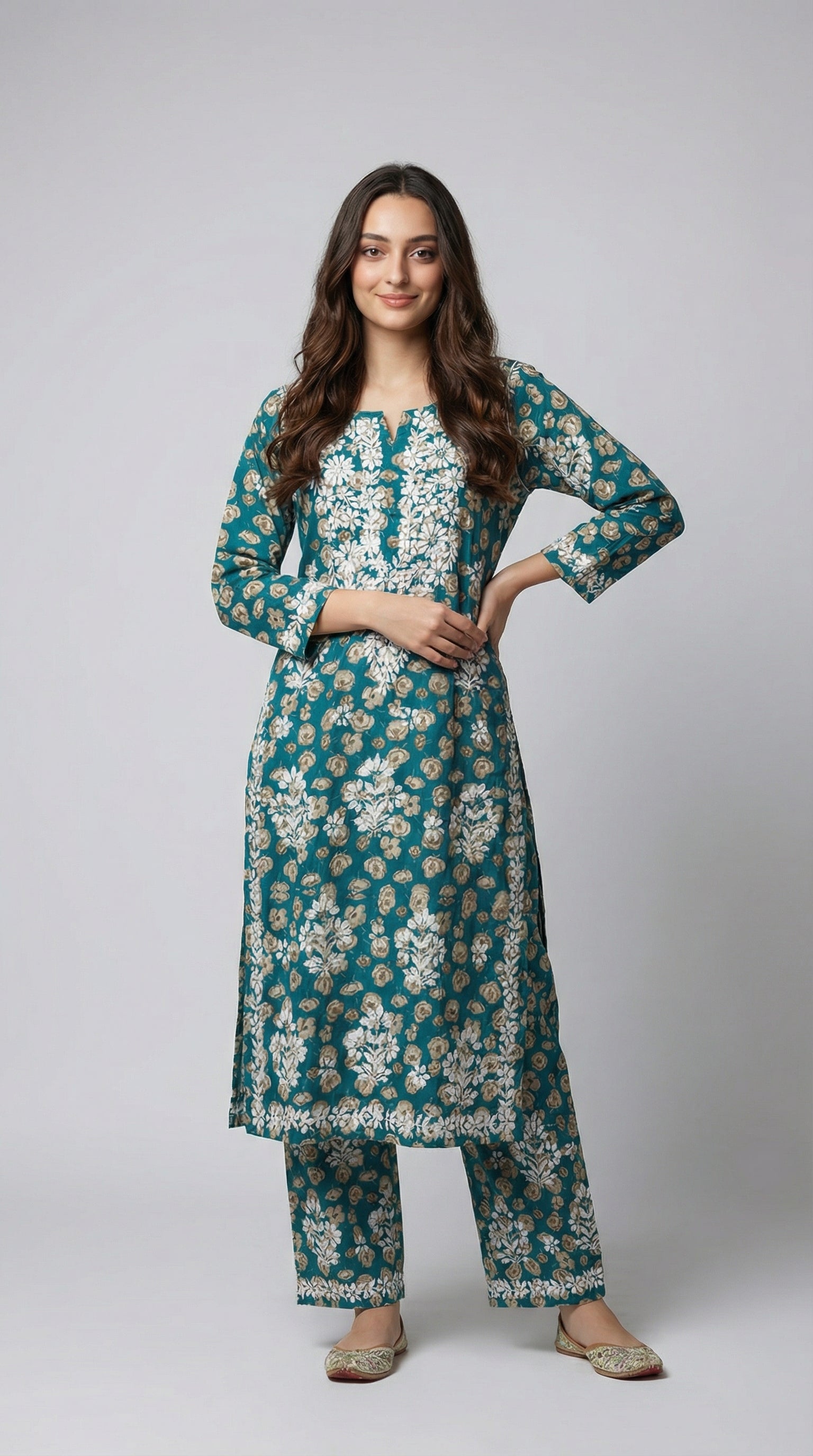 Green Floral Print Mulmul Plazo Set