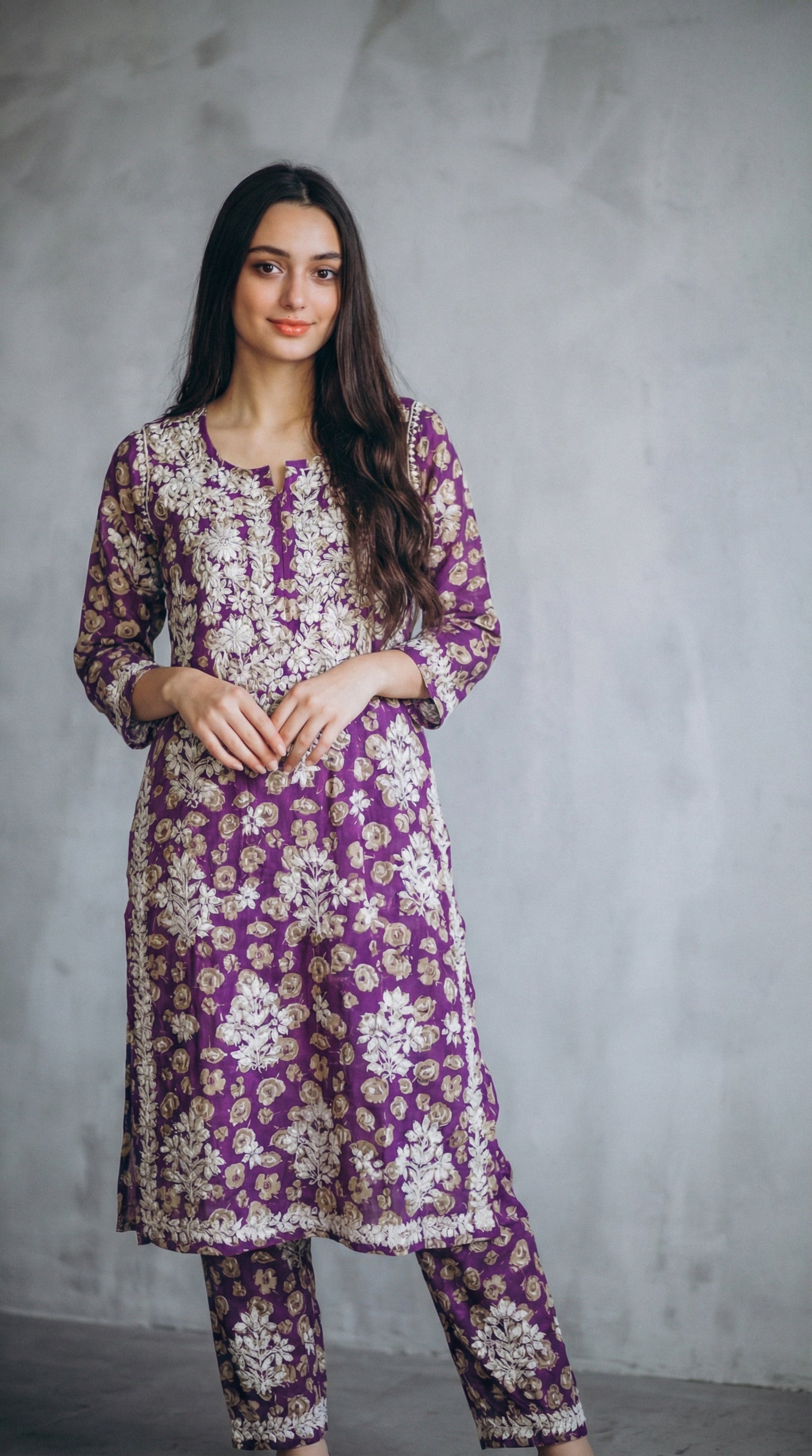Purple Floral Print Mulmul Plazo Set