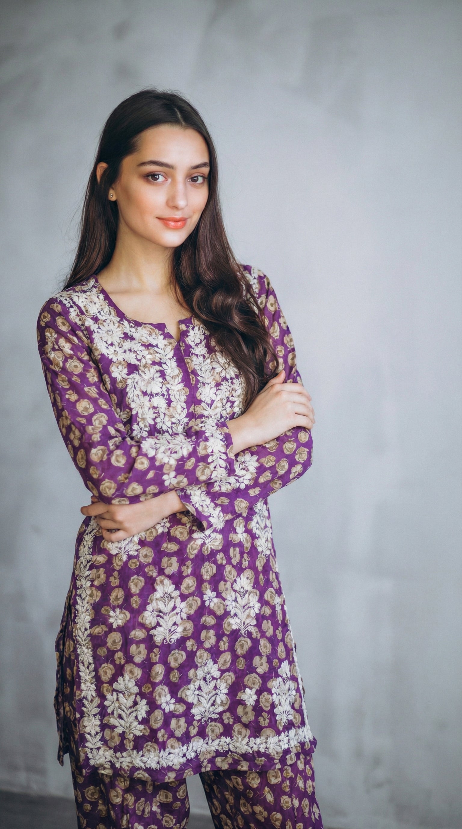 Purple Floral Print Mulmul Plazo Set
