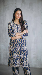 Blue Floral Print Mulmul Plazo Set