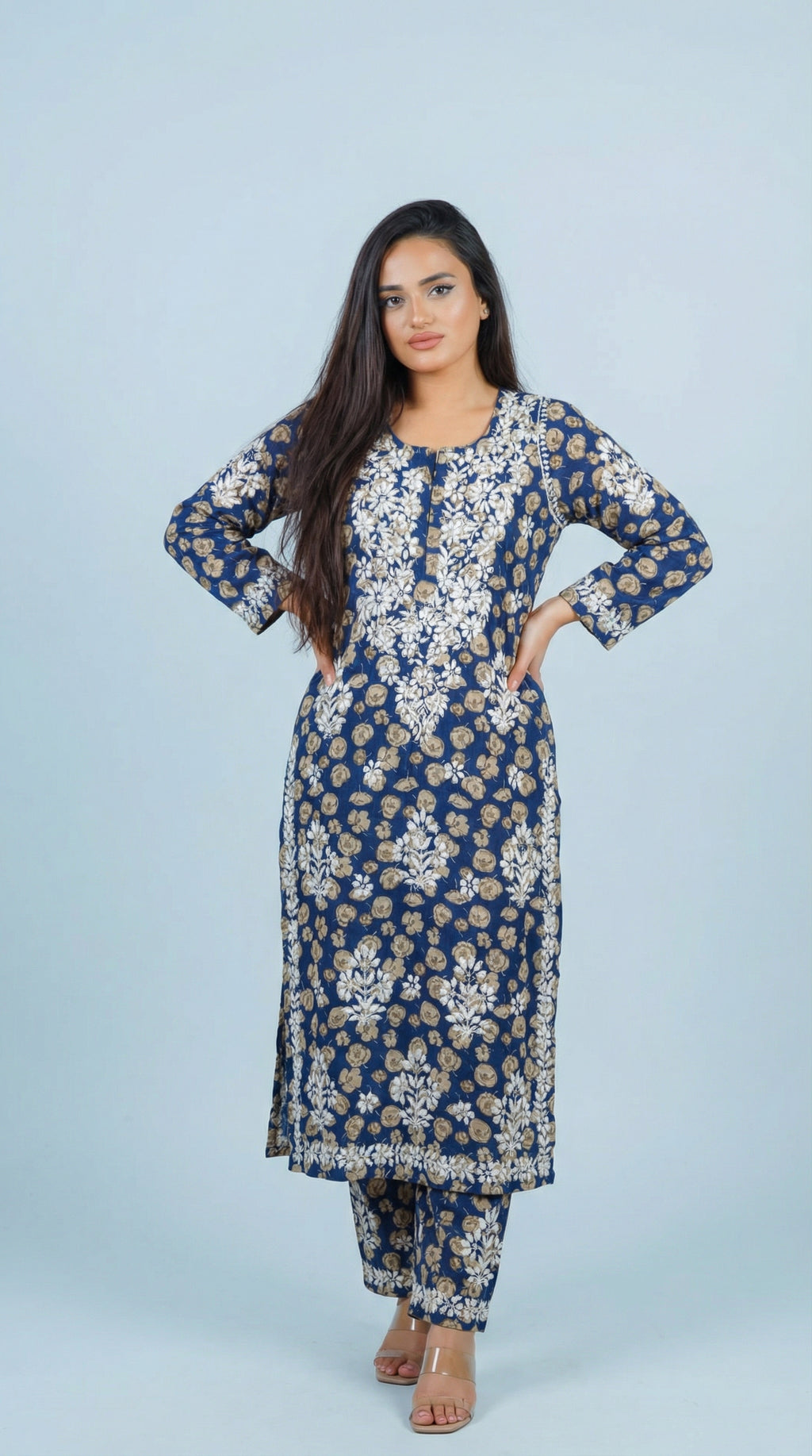 Blue Floral Print Mulmul Plazo Set