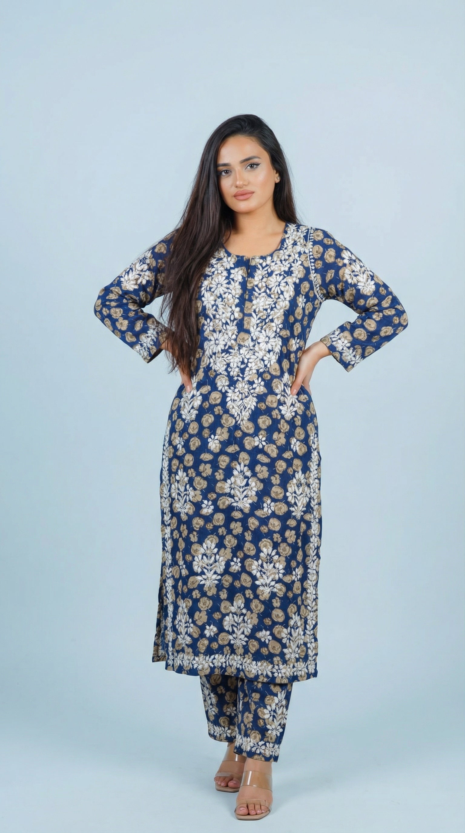 Blue Floral Print Mulmul Plazo Set
