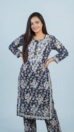 Blue Floral Print Mulmul Plazo Set