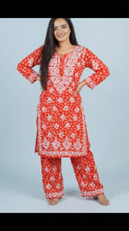 Orange Floral Print Mulmul Plazo Set