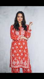 Orange Floral Print Mulmul Plazo Set