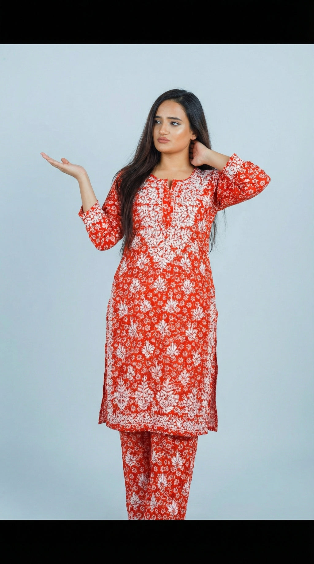 Orange Floral Print Mulmul Plazo Set