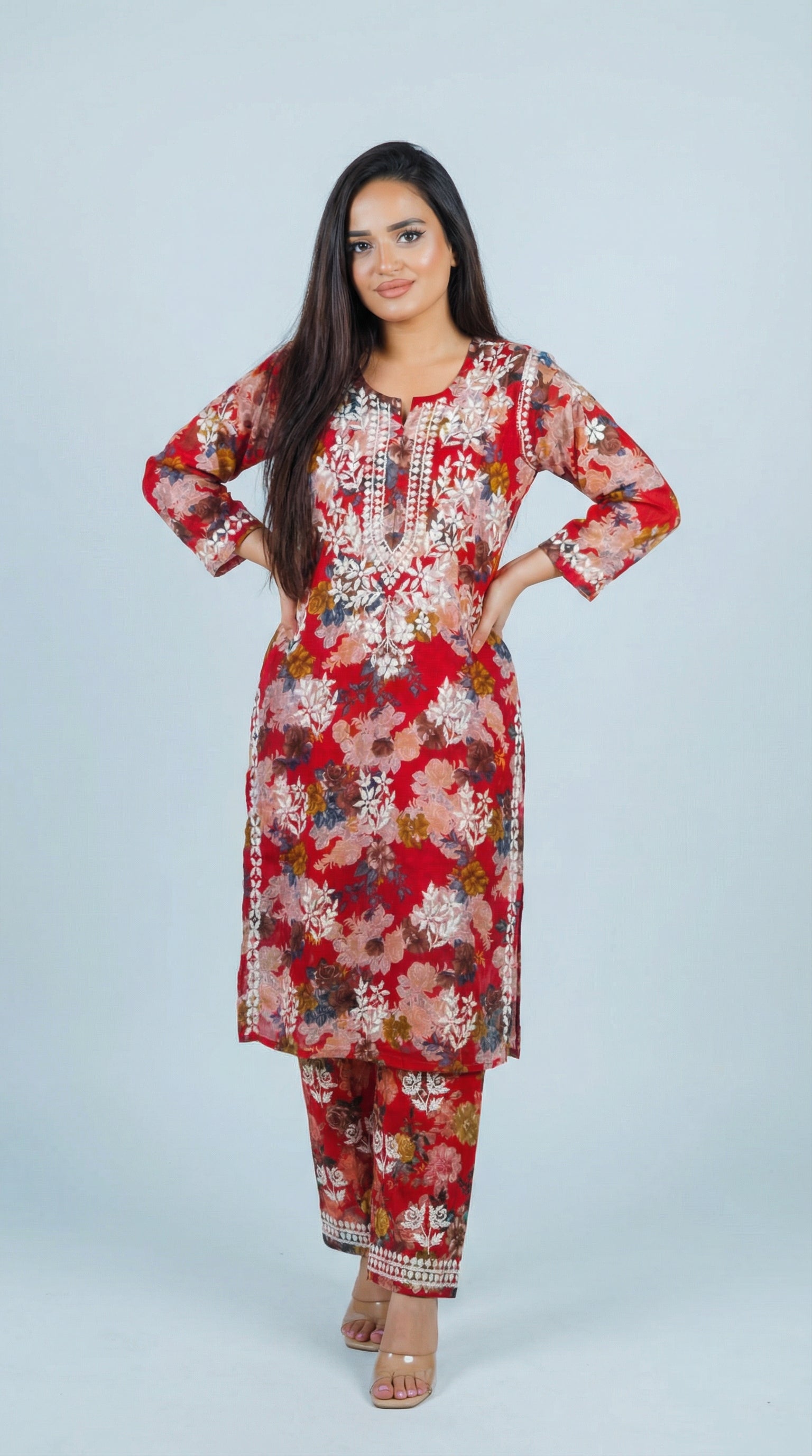 Red Floral Print Mulmul Plazo Set