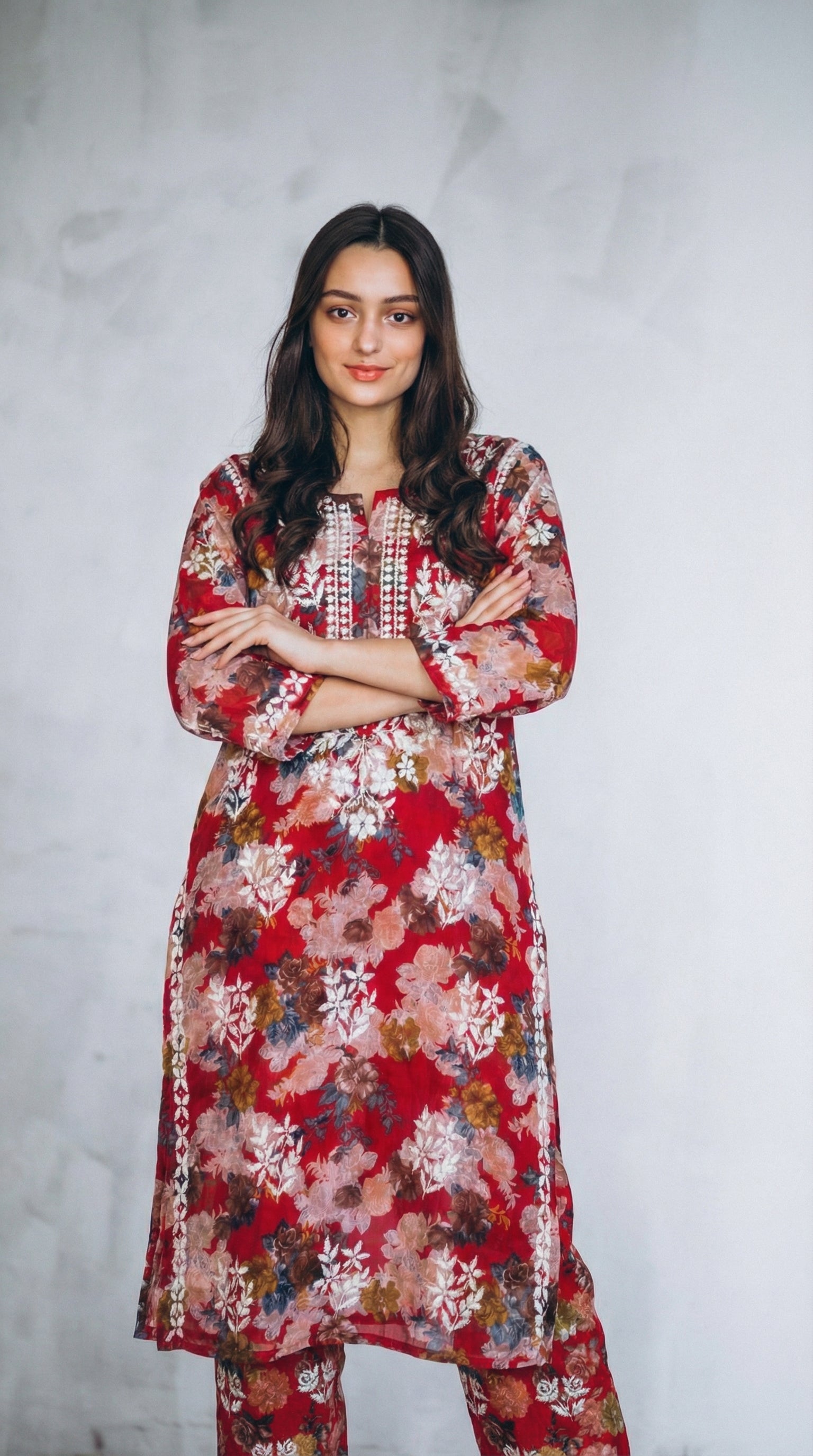 Red Floral Print Mulmul Plazo Set