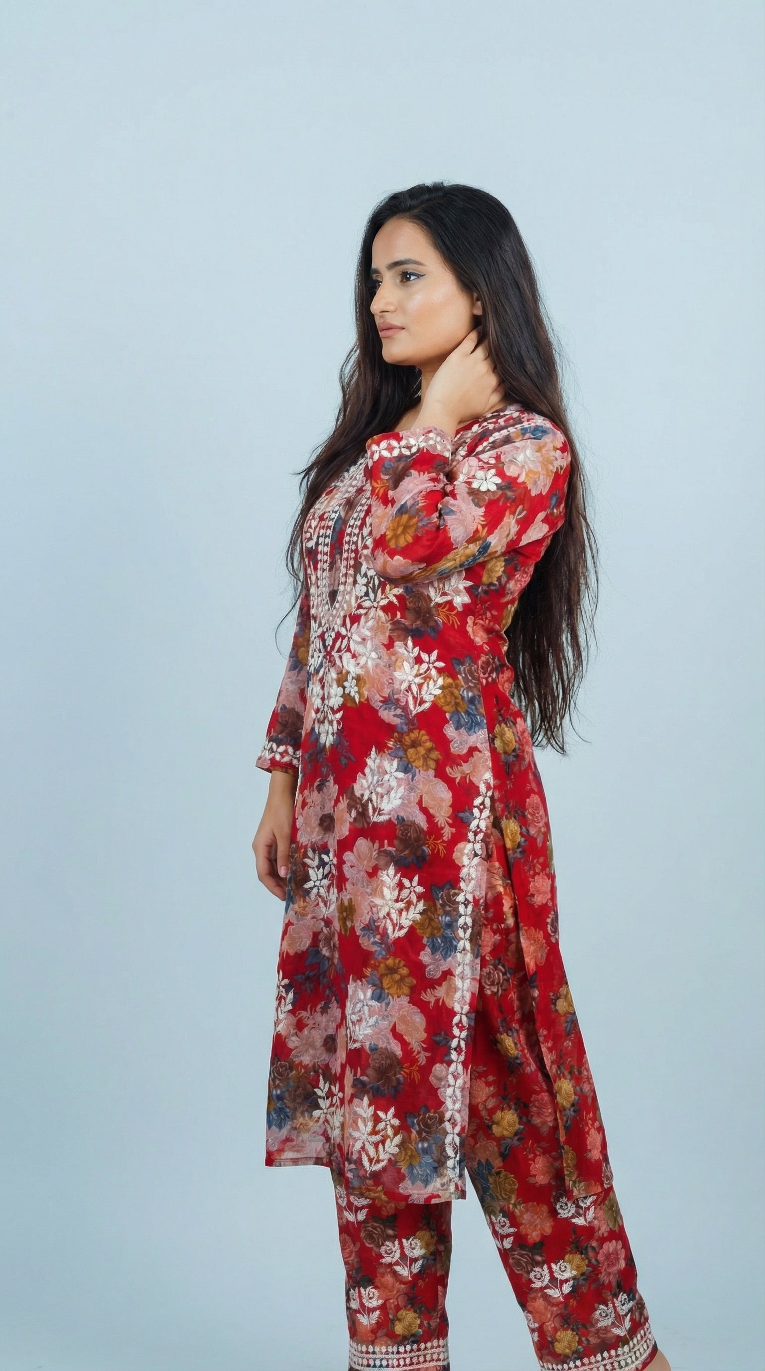 Red Floral Print Mulmul Plazo Set