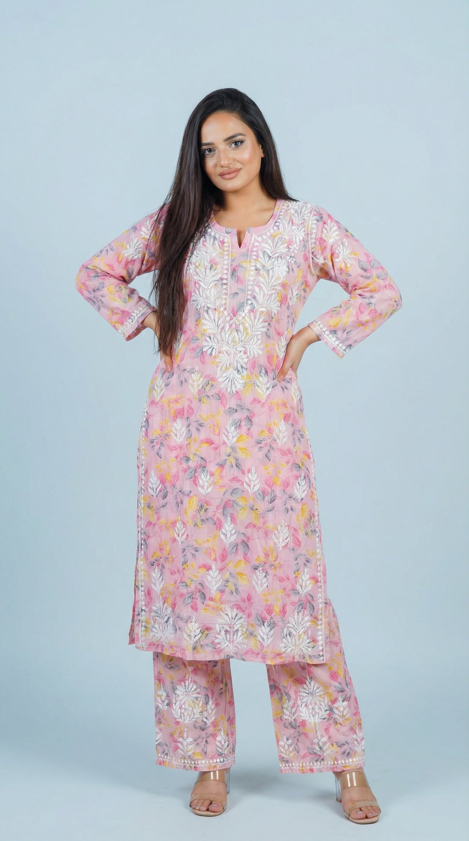 Light Pink Floral Print Mulmul Plazo Set
