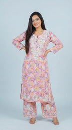 Light Pink Floral Print Mulmul Plazo Set