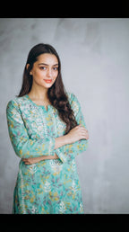 Sea Green Floral Print Mulmul Plazo Set