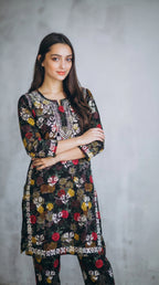 Black Floral Print Mulmul Plazo Set
