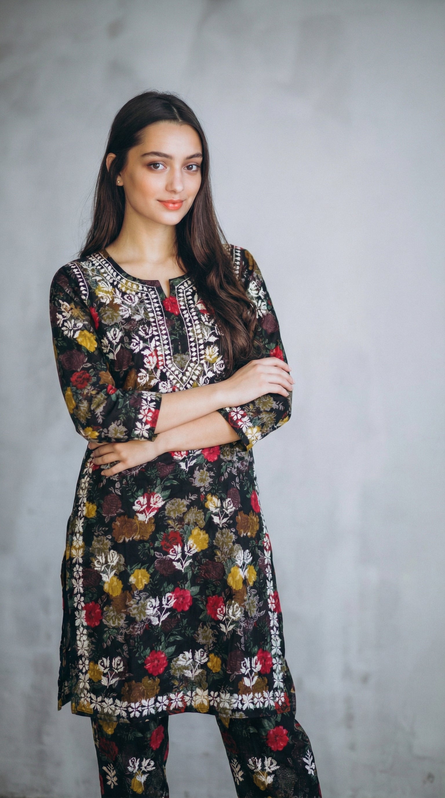 Black Floral Print Mulmul Plazo Set
