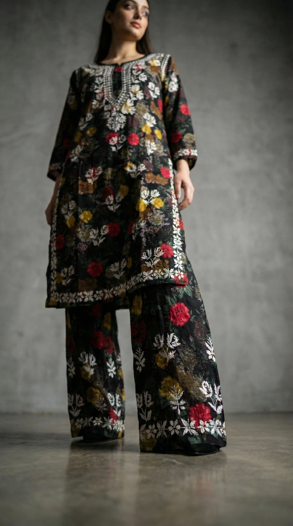 Black Floral Print Mulmul Plazo Set