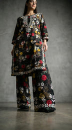Black Floral Print Mulmul Plazo Set