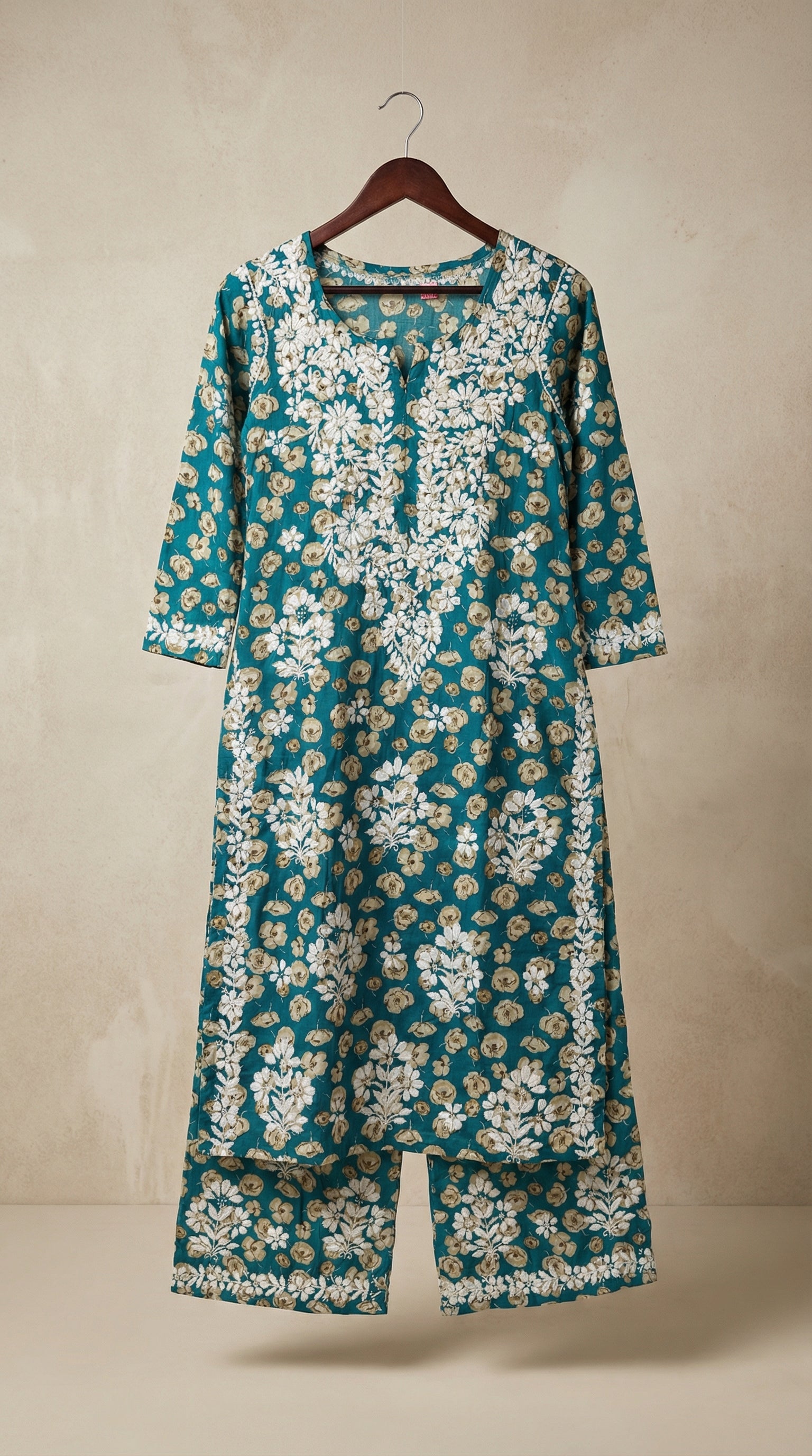 Green Floral Print Mulmul Plazo Set