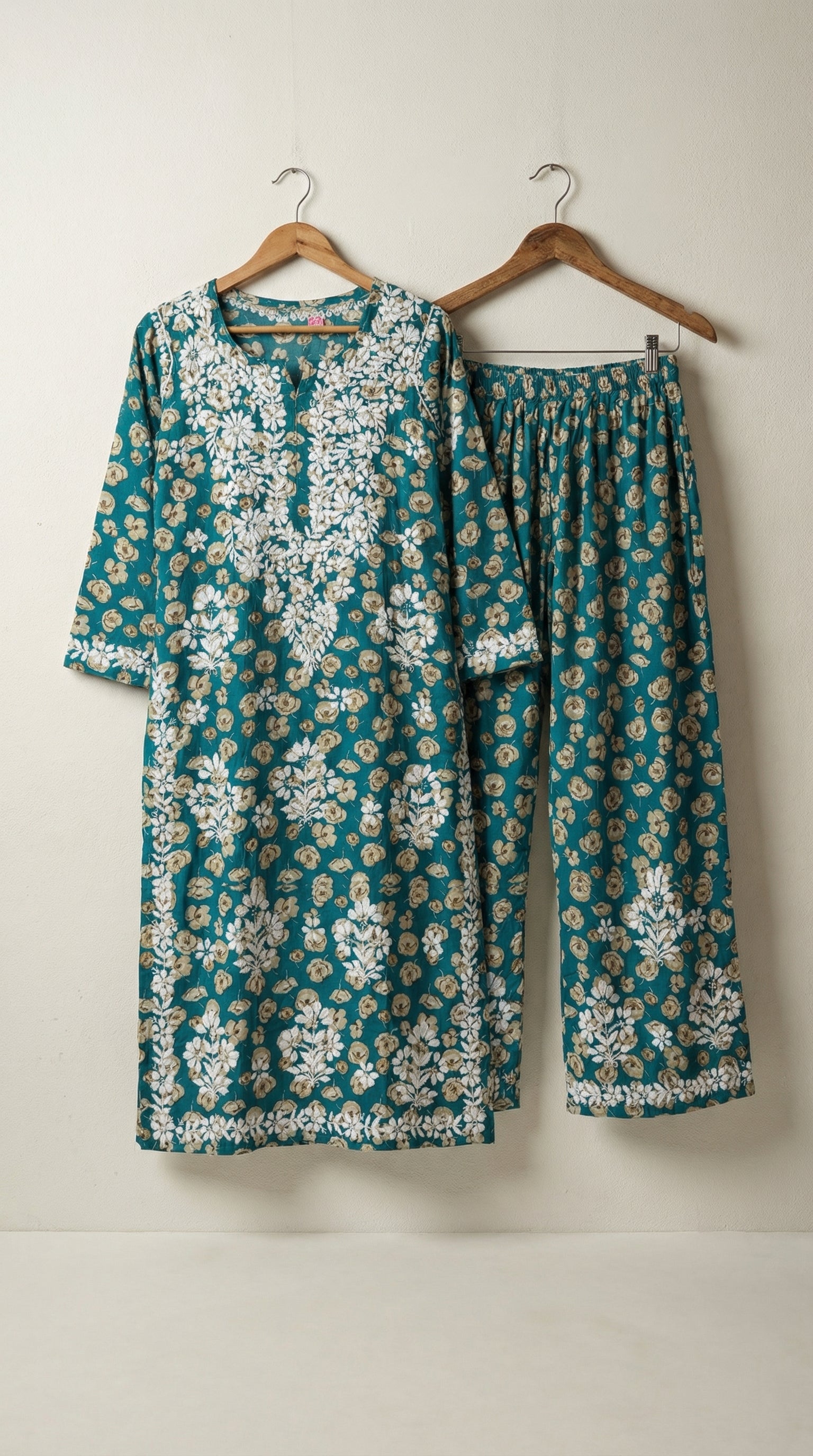 Green Floral Print Mulmul Plazo Set
