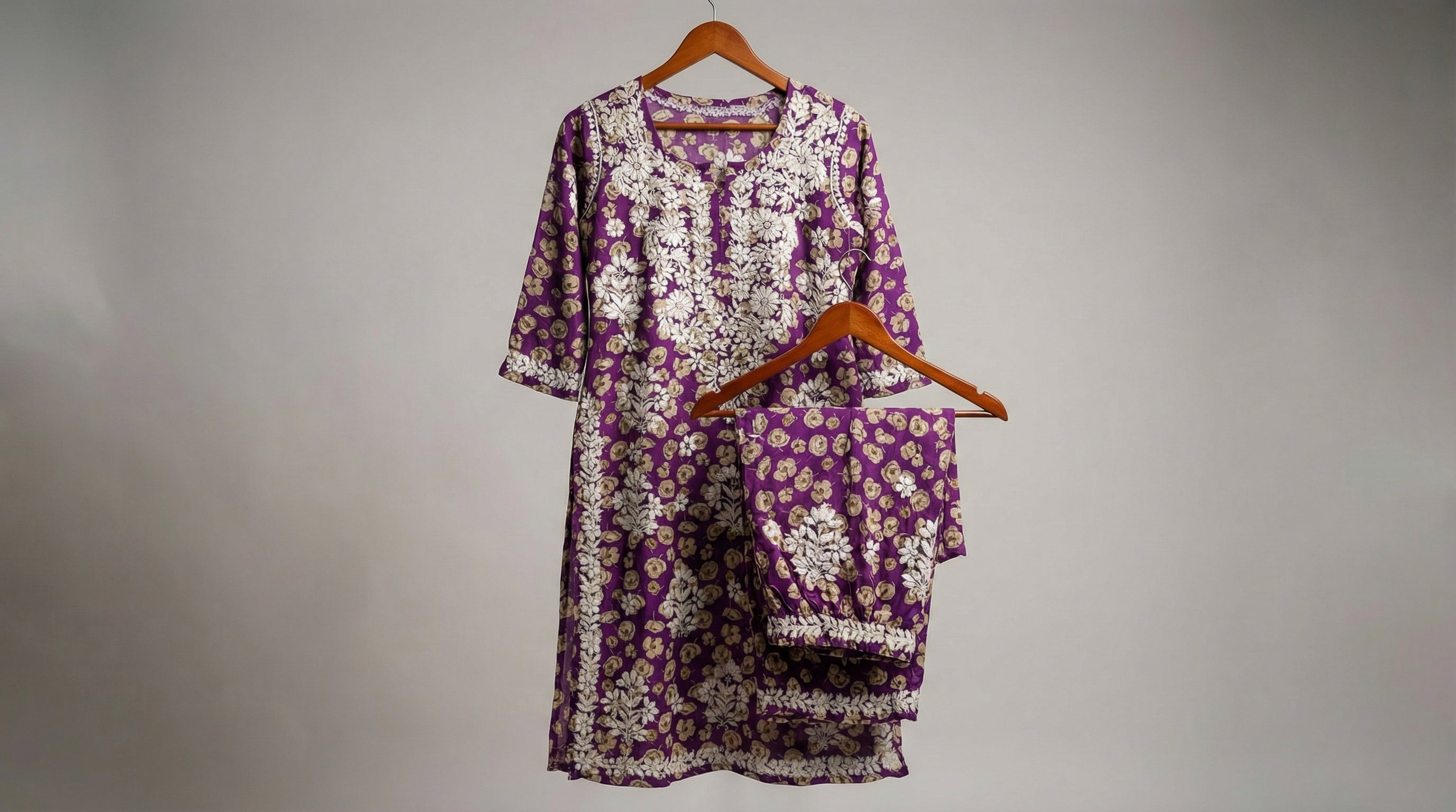 Purple Floral Print Mulmul Plazo Set