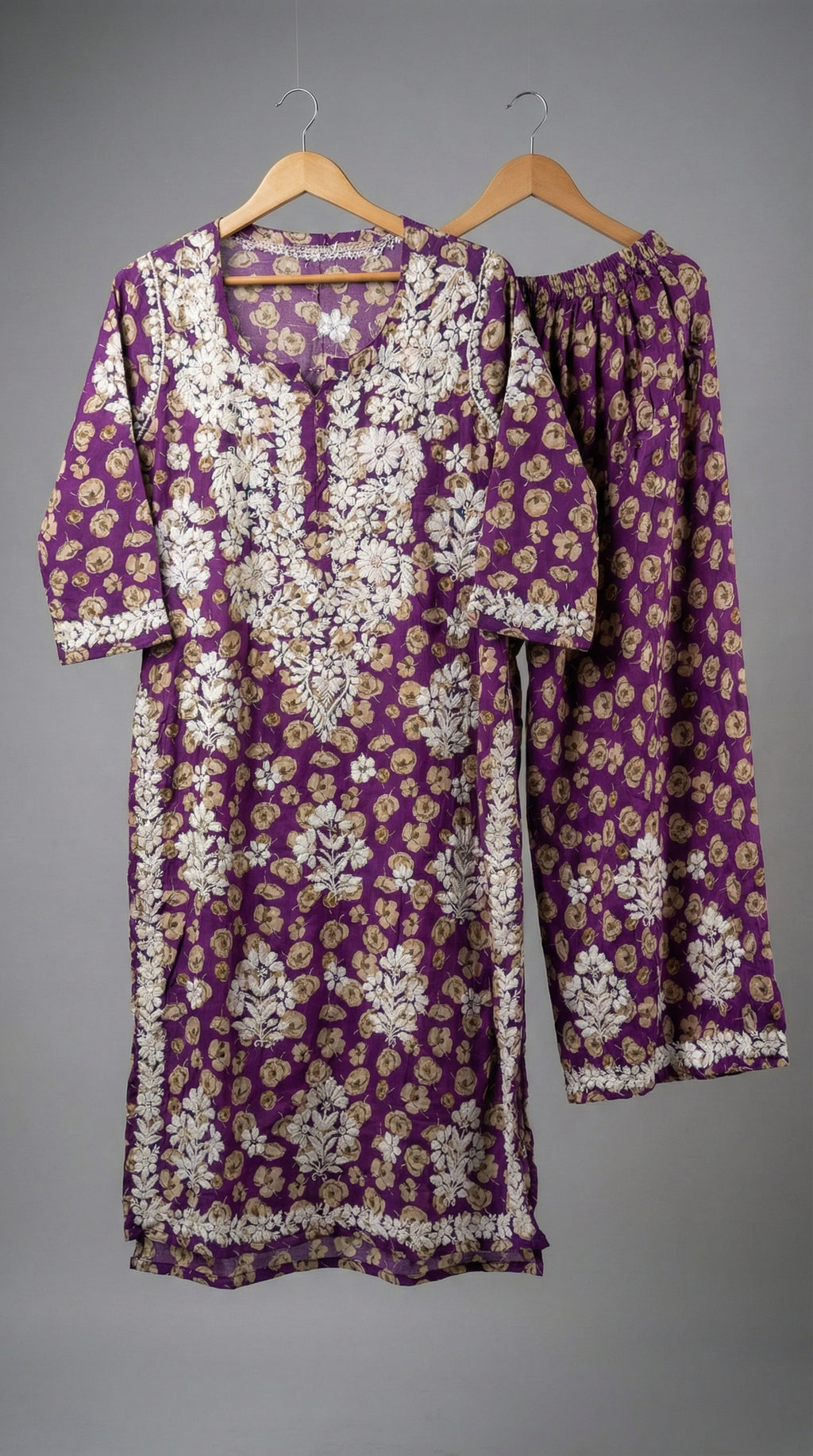 Purple Floral Print Mulmul Plazo Set