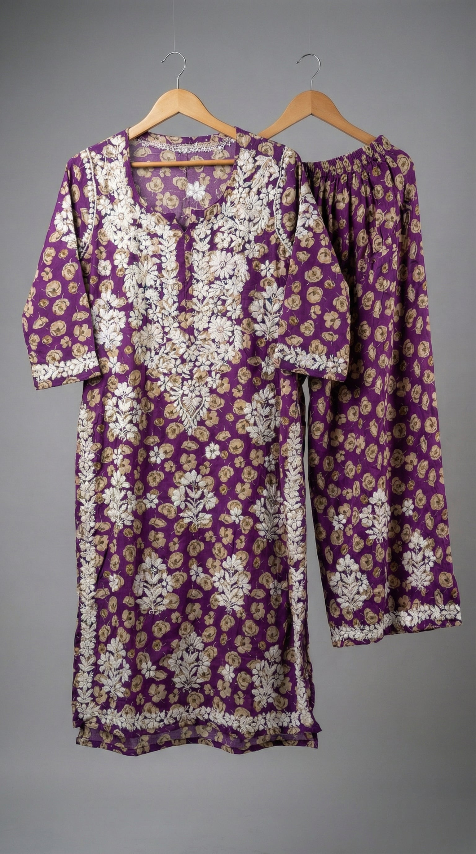 Purple Floral Print Mulmul Plazo Set