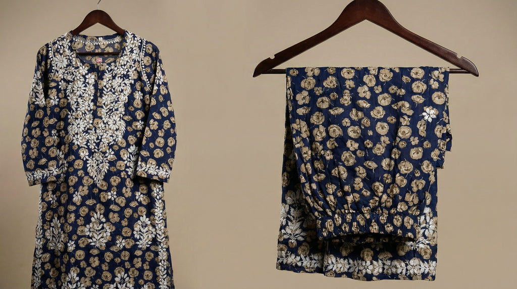 Blue Floral Print Mulmul Plazo Set