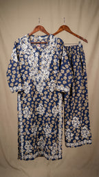 Blue Floral Print Mulmul Plazo Set